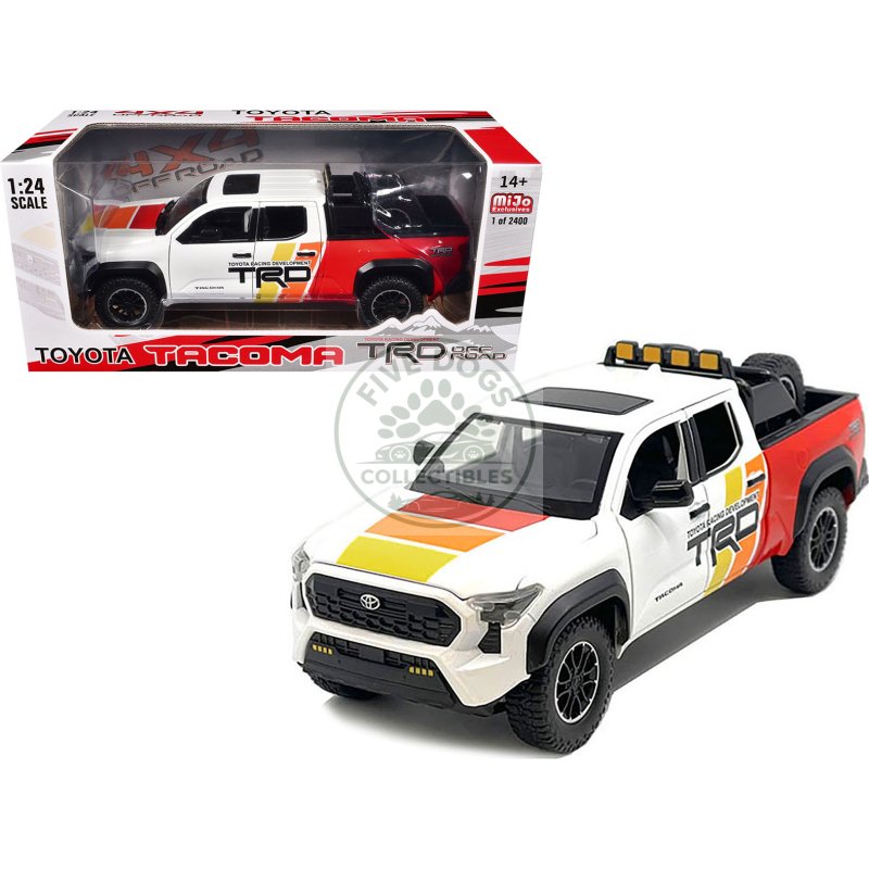 2024 toyota tacoma trd off road edition pickup truck white and red with trd stripes with sunroof and wheel rack limited edition to 2400 pieces worldwide 1/24 diecast model car