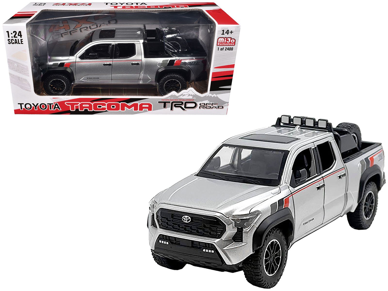 2024 toyota tacoma trd off road edition pickup truck silver metallic with trd stripes with sunroof and wheel rack limited edition to 2400 pieces worldwide 1/24 diecast model car 2024 toyota tacoma trd off road edition pickup truck silver metallic with trd stripes with sunroof and wheel rack limited edition to 2400 pieces worldwide 1/24 diecast model car