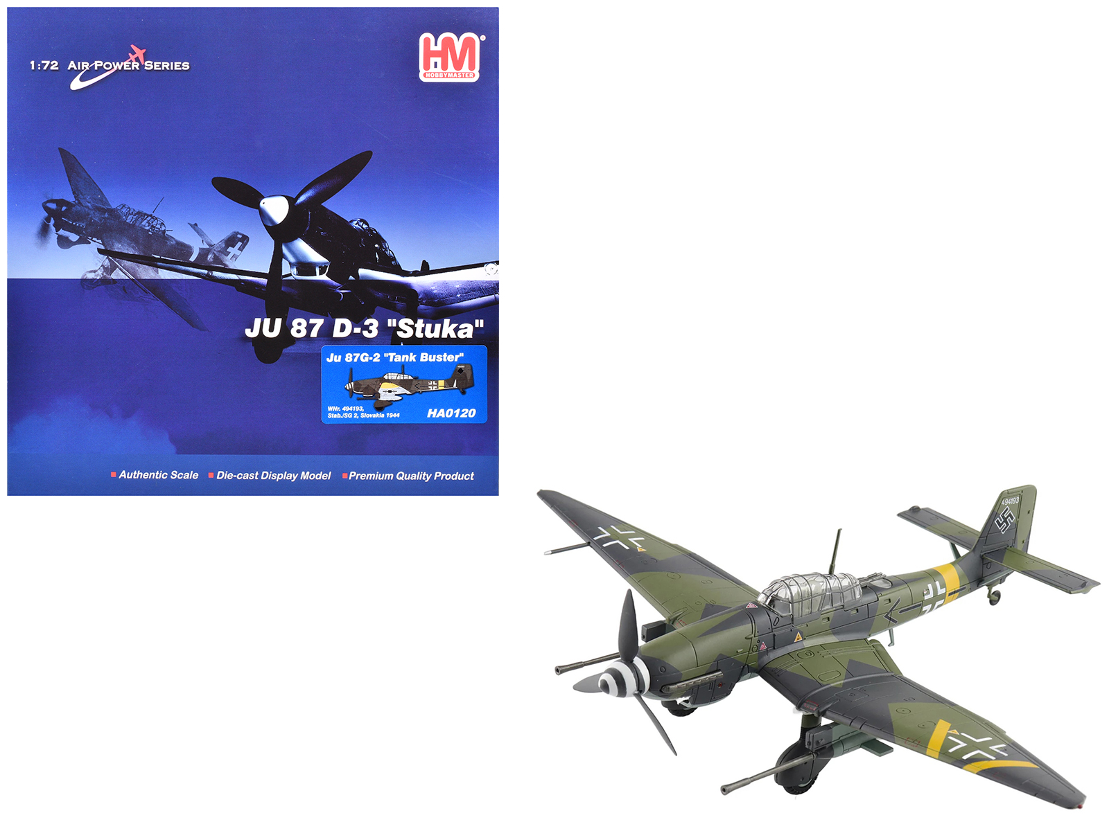 junkers ju 87g 2 stuka aircraft "wnr. 494193 tank buster stab. sg 2 slovakia" (1944) german luftwaffe "air power series" 1/72 diecast model by hobby master junkers ju 87g 2 stuka aircraft "wnr. 494193 tank buster stab. sg 2 slovakia" (1944) german luftwaffe "air power series" 1/72 diecast model by hobby master