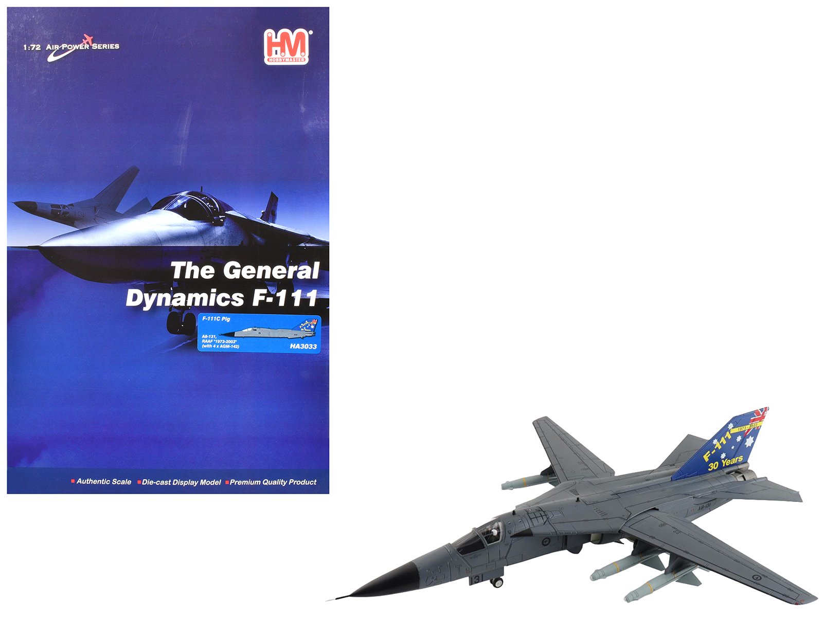 general dynamics f 111c pig aircraft "a8 131 f 111 operations 30th anniversary" (2003) royal australian air force "air power series" 1/72 diecast model by hobby master general dynamics f 111c pig aircraft "a8 131 f 111 operations 30th anniversary" (2003) royal australian air force "air power series" 1/72 diecast model by hobby master