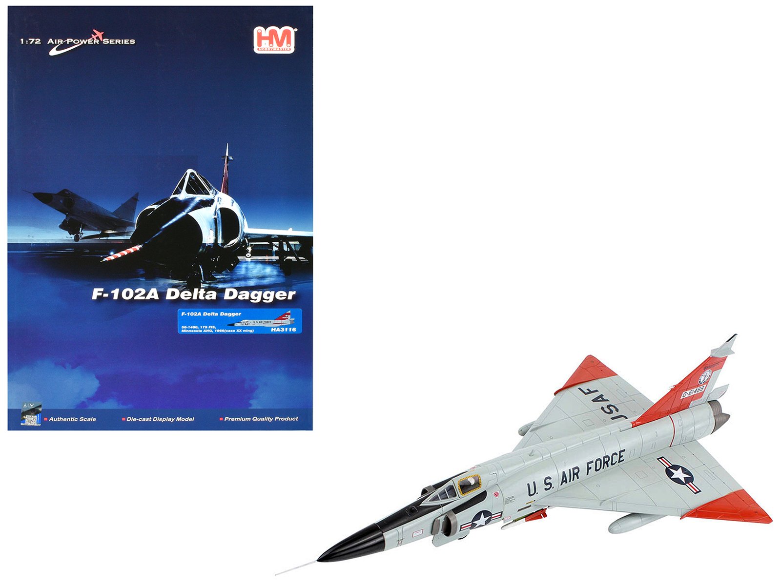 convair f 102a delta dagger interceptor aircraft "179th fighter interceptor squadron minnesota air national guard" (1966) united states air force "air power series" 1/72 diecast model by hobby master convair f 102a delta dagger interceptor aircraft "179th fighter interceptor squadron minnesota air national guard" (1966) united states air force "air power series" 1/72 diecast model by hobby master