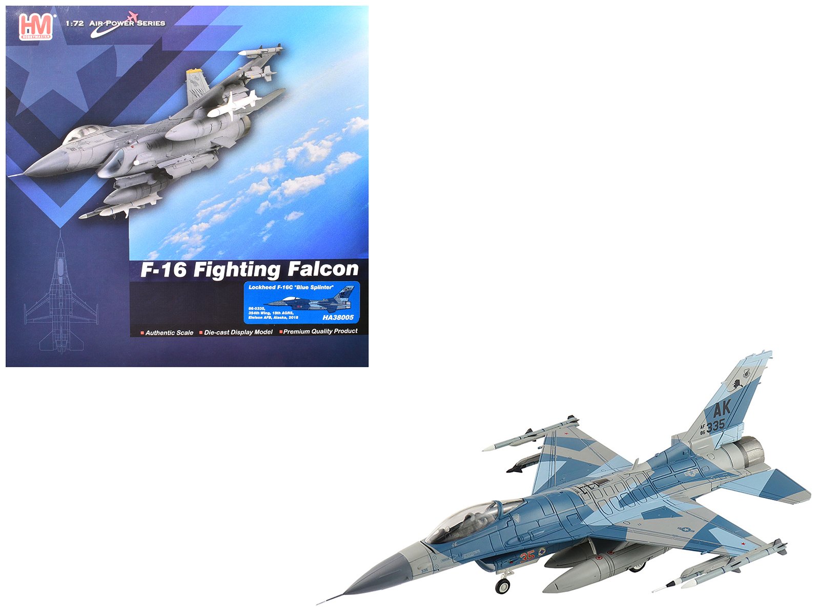 lockheed f 16c fighting falcon fighter aircraft "86 0335 blue splinter 354th wing 18th agrs eielson afb" (2018) united states air force "air power series" 1/72 diecast model by hobby master lockheed f 16c fighting falcon fighter aircraft "86 0335 blue splinter 354th wing 18th agrs eielson afb" (2018) united states air force "air power series" 1/72 diecast model by hobby master