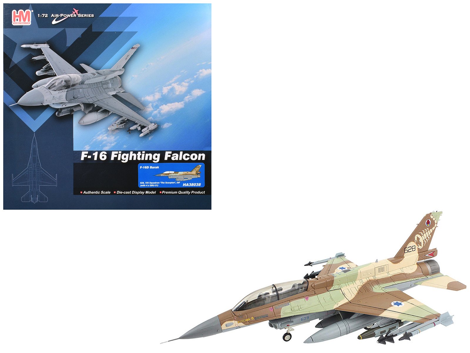 lockheed f 16d fighting falcon fighter aircraft "628 barak 105 squadron the scorpion" israeli air force "air power series" 1/72 diecast model by hobby master lockheed f 16d fighting falcon fighter aircraft "628 barak 105 squadron the scorpion" israeli air force "air power series" 1/72 diecast model by hobby master