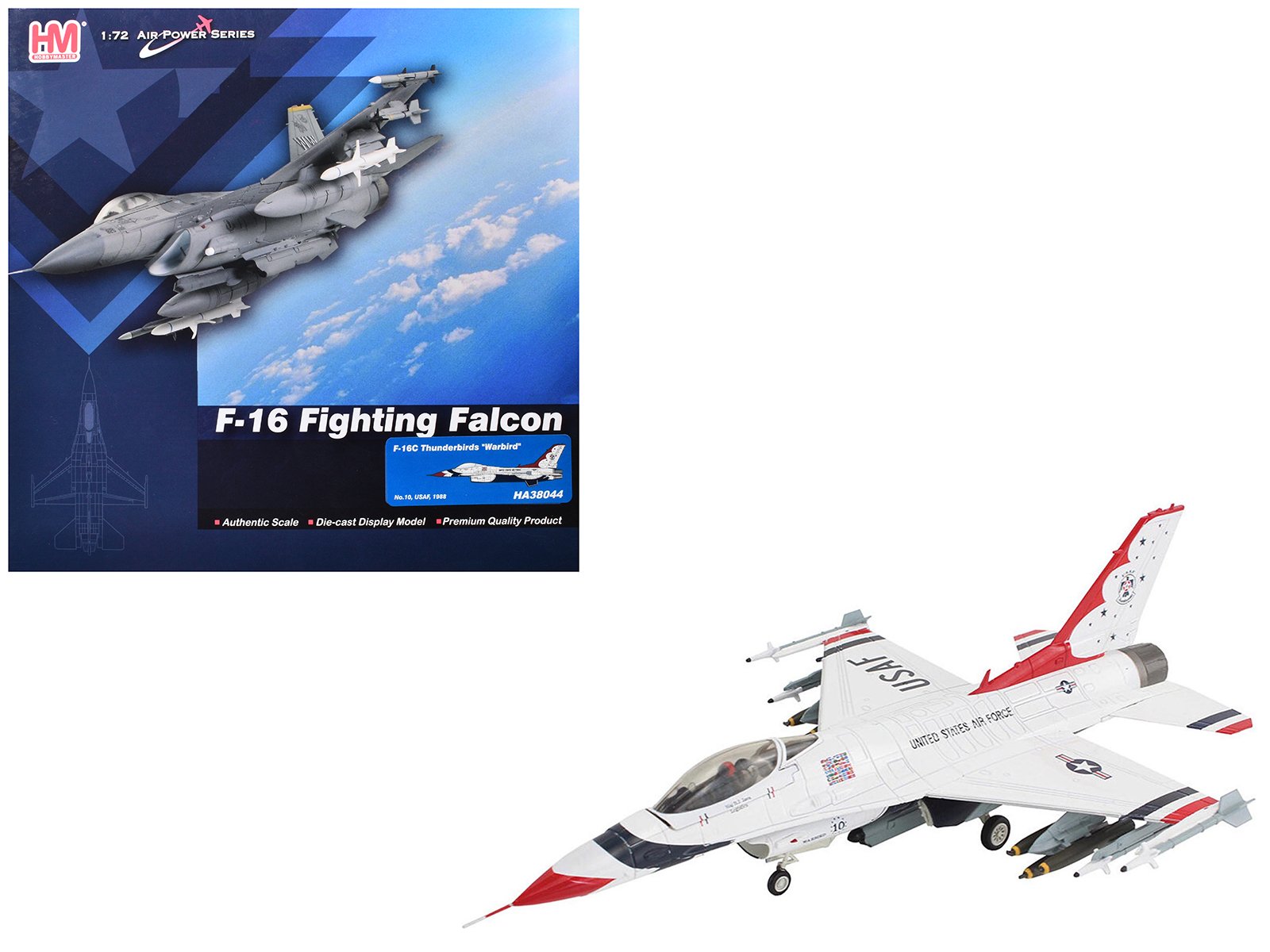lockheed f 16c fighting falcon fighter aircraft "no.10 thunderbirds warbird" united states air force "air power series" 1/72 diecast model by hobby master lockheed f 16c fighting falcon fighter aircraft "no.10 thunderbirds warbird" united states air force "air power series" 1/72 diecast model by hobby master