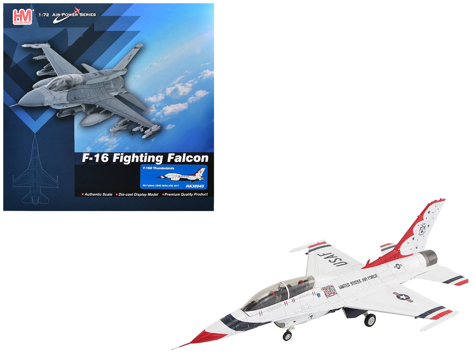 lockheed f 16d fighting falcon fighter aircraft "no.7 thunderbirds nellis air force base" (2017) united states air force "air power series" 1/72 diecast model by hobby master lockheed f 16d fighting falcon fighter aircraft "no.7 thunderbirds nellis air force base" (2017) united states air force "air power series" 1/72 diecast model by hobby master