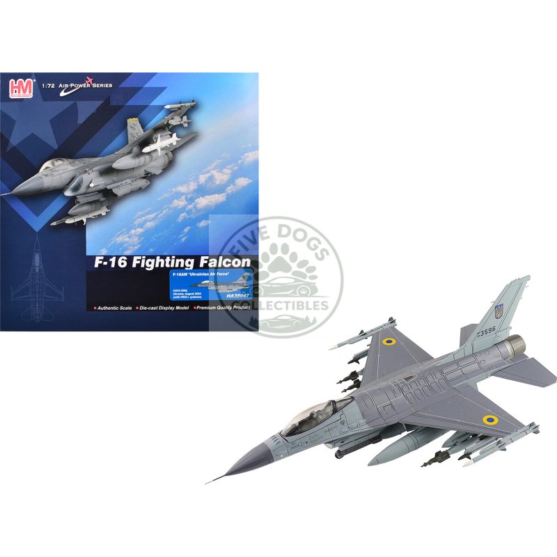lockheed f 16am fighting falcon fighter aircraft "ua24 3596 pylon integrated dispenser system plus" (2024) ukrainian air force "air power series" 1/72 diecast model by hobby master