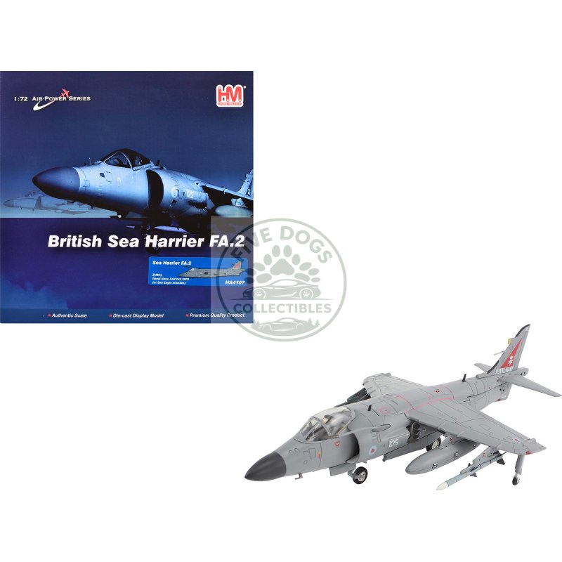 british aerospace sea harrier fa.2 aircraft with sea eagle missiles "zh804 fairford" (2002) british royal navy "air power series" 1/72 diecast model by hobby master
