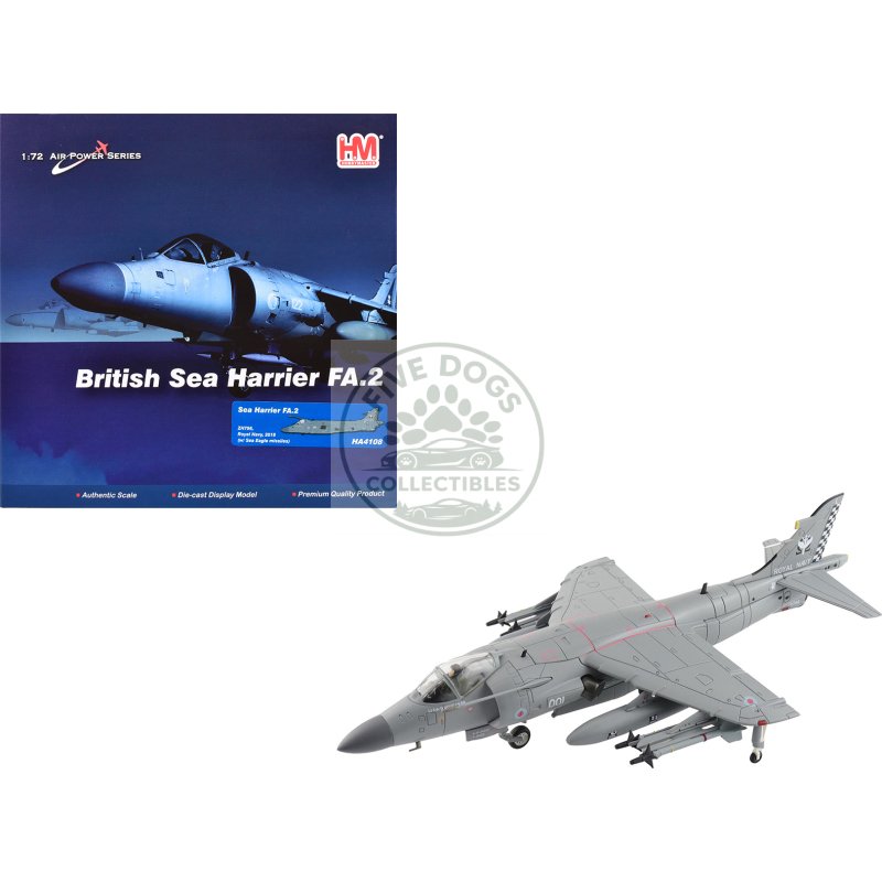 british aerospace sea harrier fa.2 aircraft with sea eagle missiles "zh796" (2018) british royal navy "air power series" 1/72 diecast model by hobby master