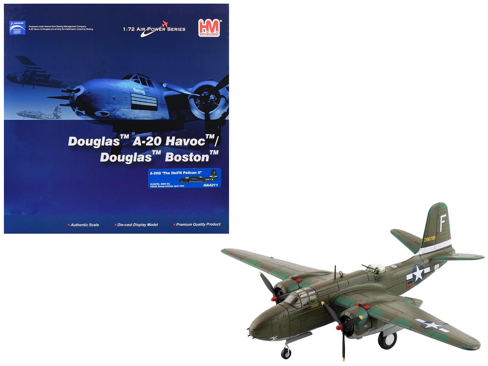 douglas a 20g havoc aircraft "42 86786 hell'n pelican ii 388th bomb squadron gusap airfield" (1944) united states army air forces "air power series" 1/72 diecast model by hobby master douglas a 20g havoc aircraft "42 86786 hell'n pelican ii 388th bomb squadron gusap airfield" (1944) united states army air forces "air power series" 1/72 diecast model by hobby master