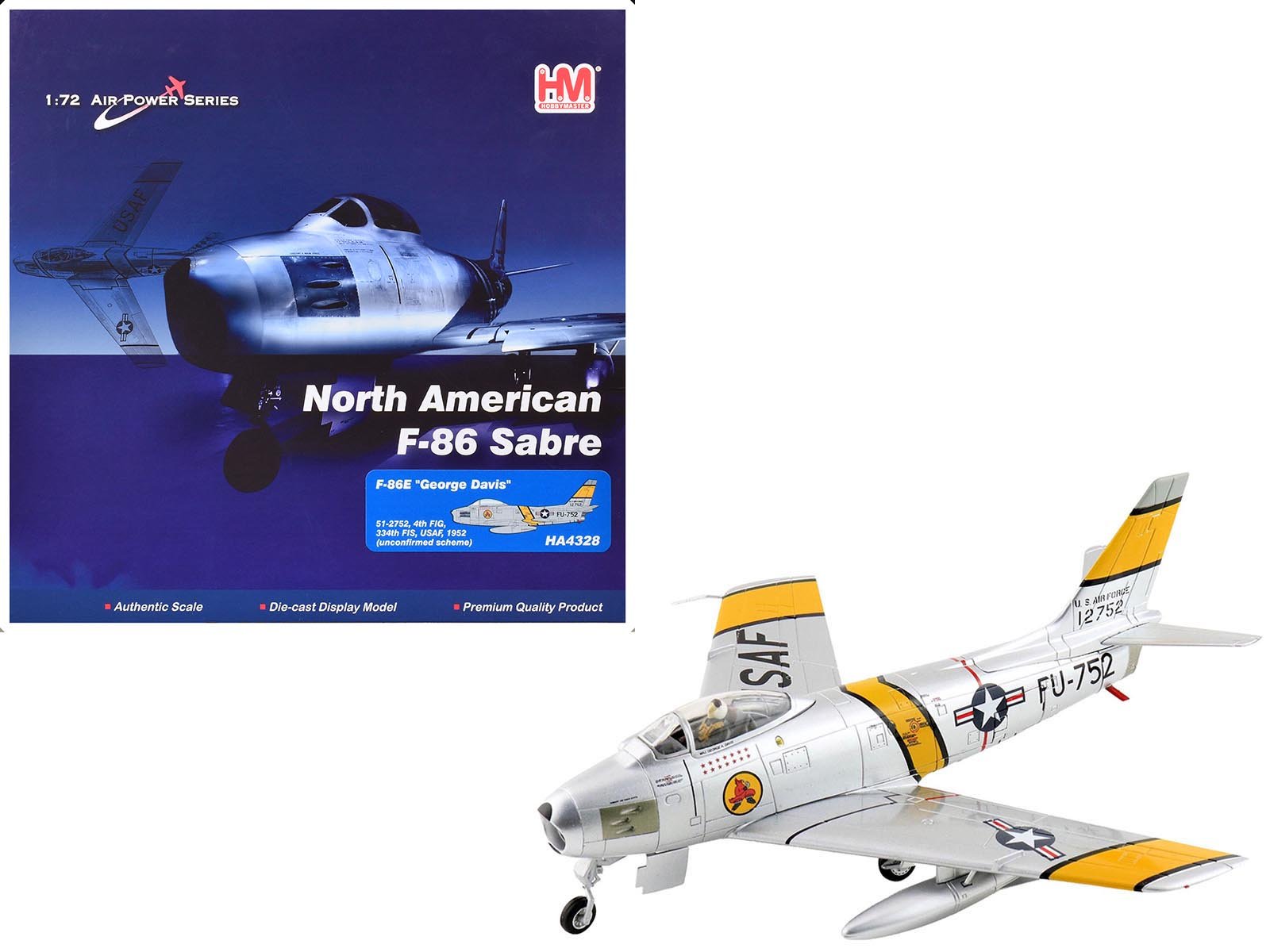 north american f 86e sabre fighter aircraft "51 2752 colonel george andrew davis jr. 4th fig 334th fis" (1952) united states air force "air power series" 1/72 diecast model by hobby master north american f 86e sabre fighter aircraft "51 2752 colonel george andrew davis jr. 4th fig 334th fis" (1952) united states air force "air power series" 1/72 diecast model by hobby master