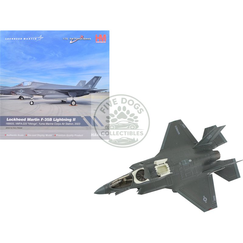 lockheed martin f 35b lightning ii aircraft "vmfa 225 vikings yuma marine corps air station" (2023) united states marine corps "air power series" 1/72 diecast model by hobby master