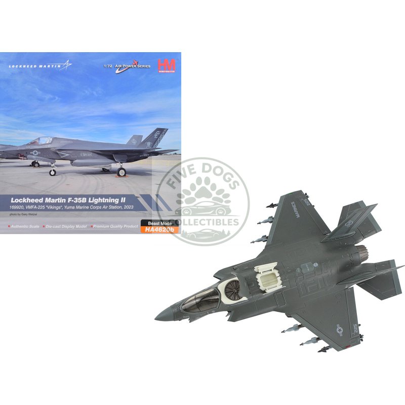 lockheed martin f 35b lightning ii aircraft beast mode configuration "vmfa 225 vikings yuma marine corps air station" (2023) united states marine corps "air power series" 1/72 diecast model by hobby master