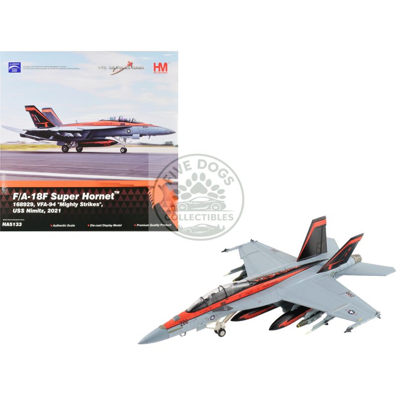 boeing f/a 18f super hornet fighter aircraft "vfa 94 'mighty strikes' uss nimitz" (2021) united states navy "air power series" 1/72 diecast model by hobby master