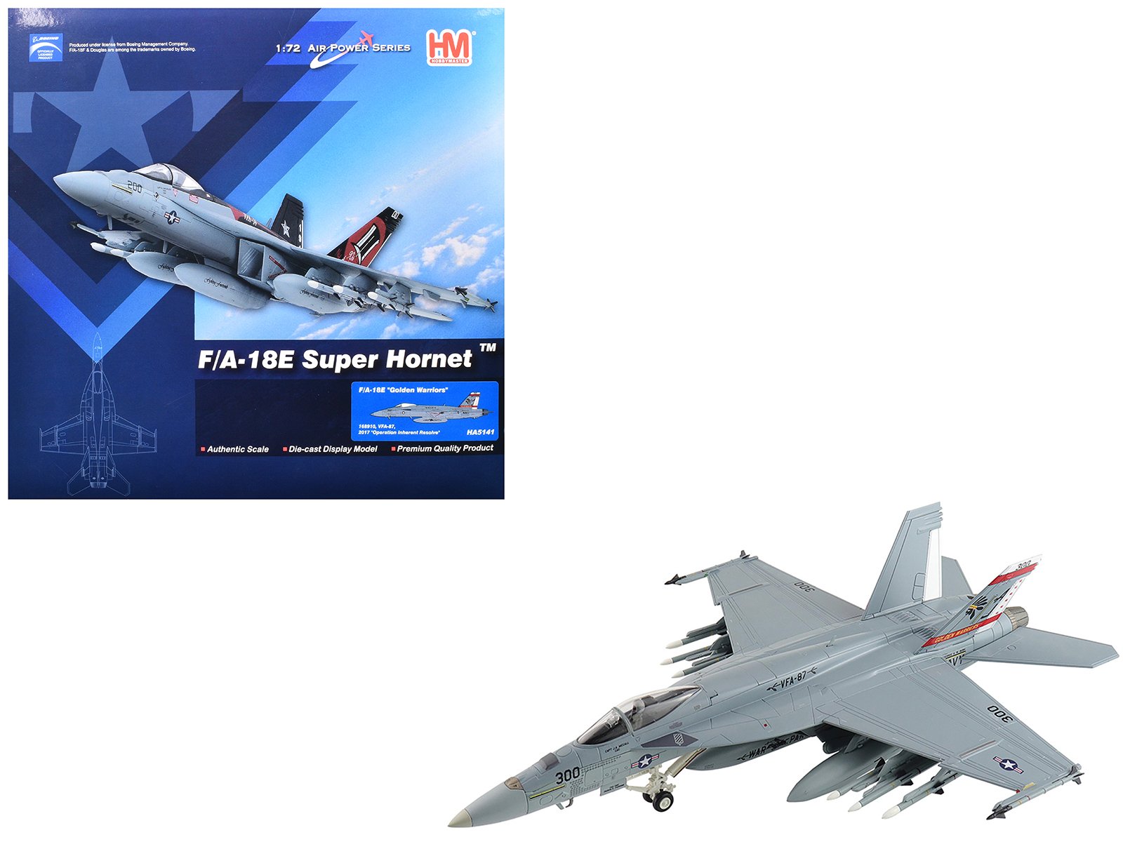 boeing f/a 18e super hornet fighter aircraft "168910 golden warriors vfa 87 operation inherent resolve" (2017) united states navy "air power series" 1/72 diecast model by hobby master boeing f/a 18e super hornet fighter aircraft "168910 golden warriors vfa 87 operation inherent resolve" (2017) united states navy "air power series" 1/72 diecast model by hobby master