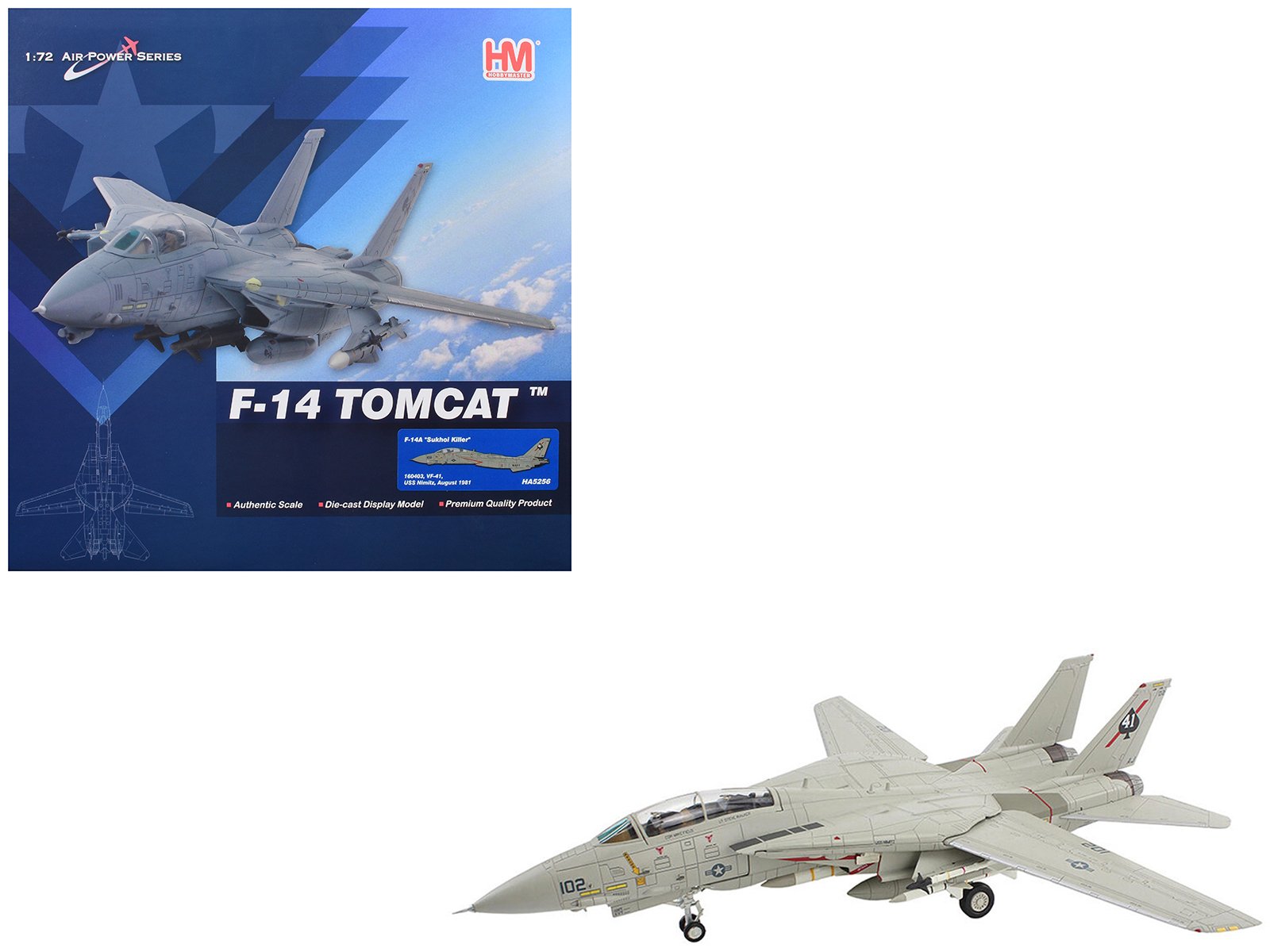 grumman f 14a tomcat fighter aircraft "sukhoi killer vf 41 black aces uss nimitz" (1981) united states navy "air power series" 1/72 diecast model by hobby master grumman f 14a tomcat fighter aircraft "sukhoi killer vf 41 black aces uss nimitz" (1981) united states navy "air power series" 1/72 diecast model by hobby master