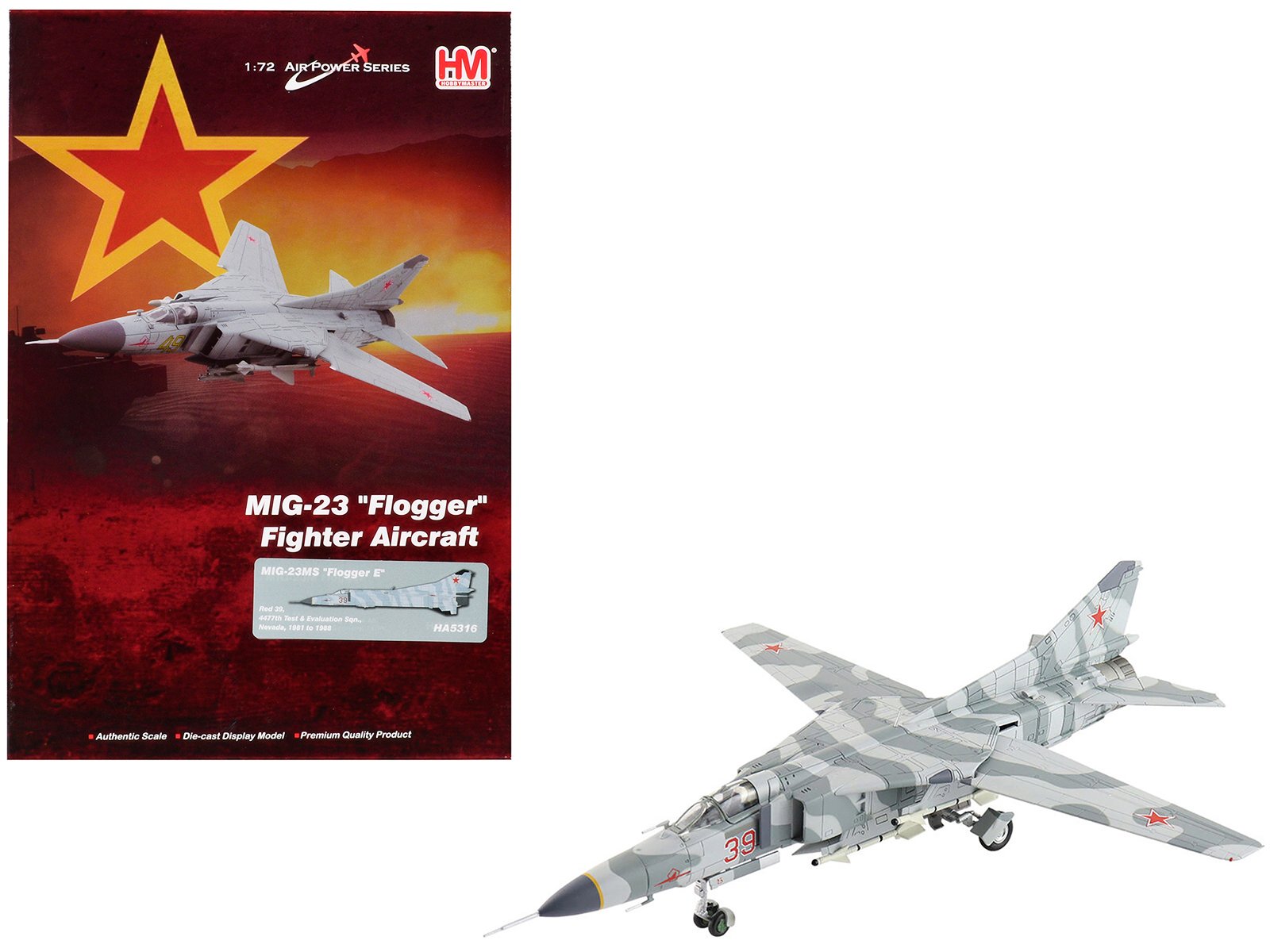 mikoyan gurevich mig 23ms flogger e fighter aircraft "4477th test and evaluation squadron red eagles nevada" (1981 88) united states air force "air power series" 1/72 diecast model by hobby master mikoyan gurevich mig 23ms flogger e fighter aircraft "4477th test and evaluation squadron red eagles nevada" (1981 88) united states air force "air power series" 1/72 diecast model by hobby master