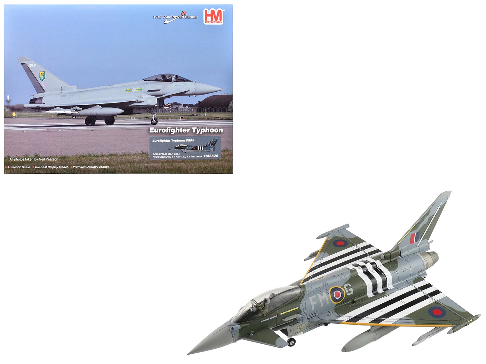eurofighter typhoon fgr4 fighter aircraft "zj913 fm g" (2024) british royal air force "air power series" 1/72 diecast model by hobby master eurofighter typhoon fgr4 fighter aircraft "zj913 fm g" (2024) british royal air force "air power series" 1/72 diecast model by hobby master