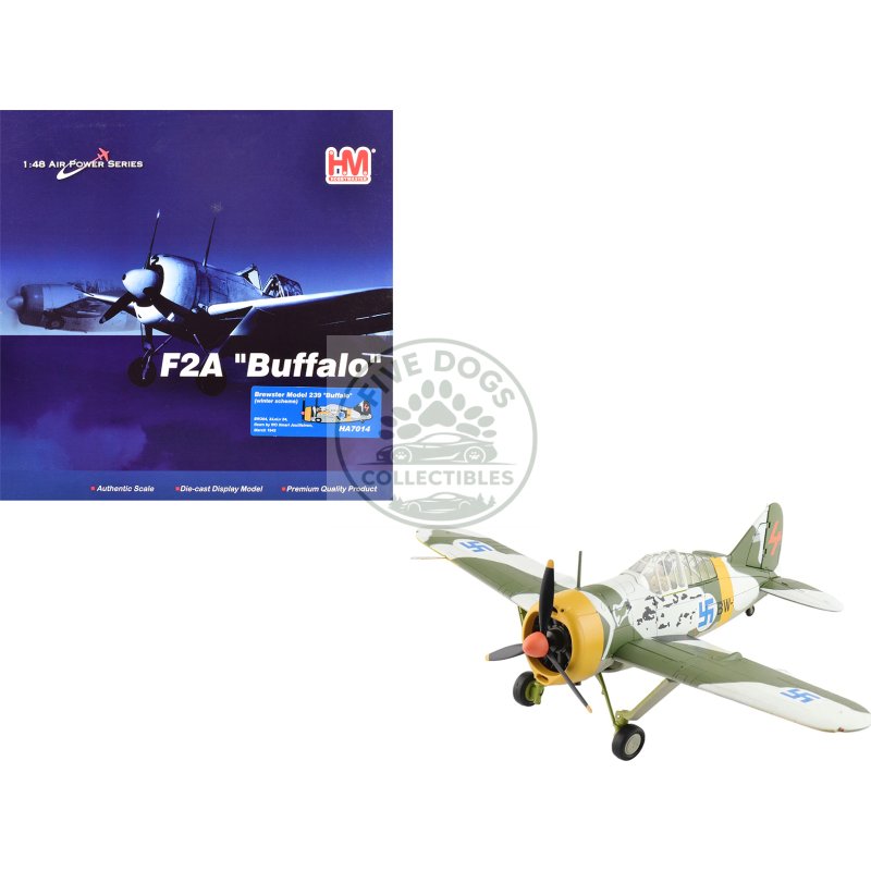 brewster f2a model 239 "buffalo" fighter aircraft "bw364 lelv 24 flown by warrant officer ilmari juutilainen" (1942) finnish air force "air power series" 1/48 diecast model by hobby master