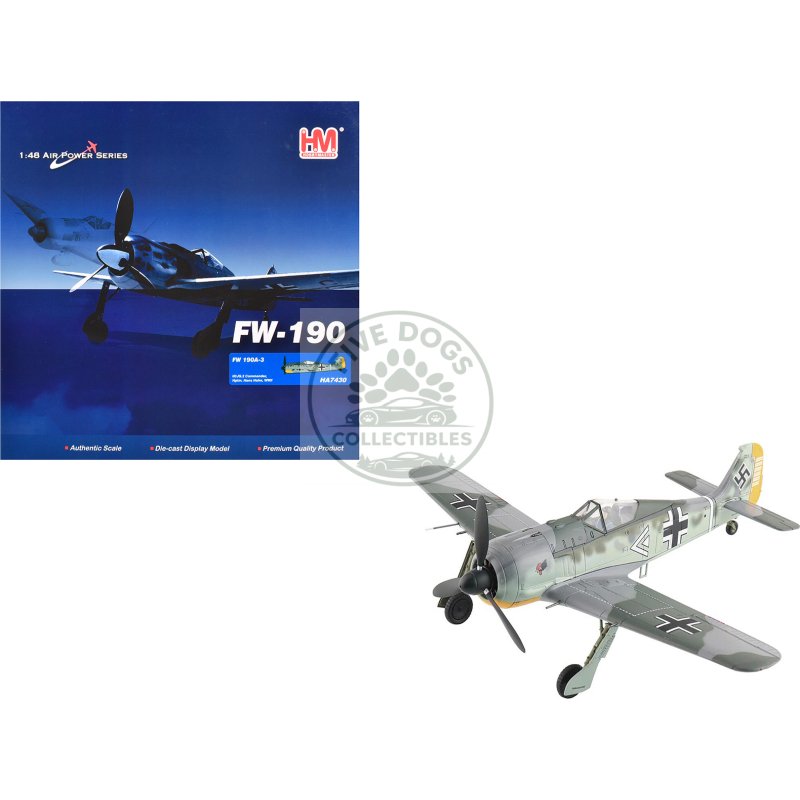 focke wulf fw 190a 3 fighter aircraft "iii/jg 2 commander hptm. hans hahn wwii" german luftwaffe "air power series" 1/48 diecast model by hobby master
