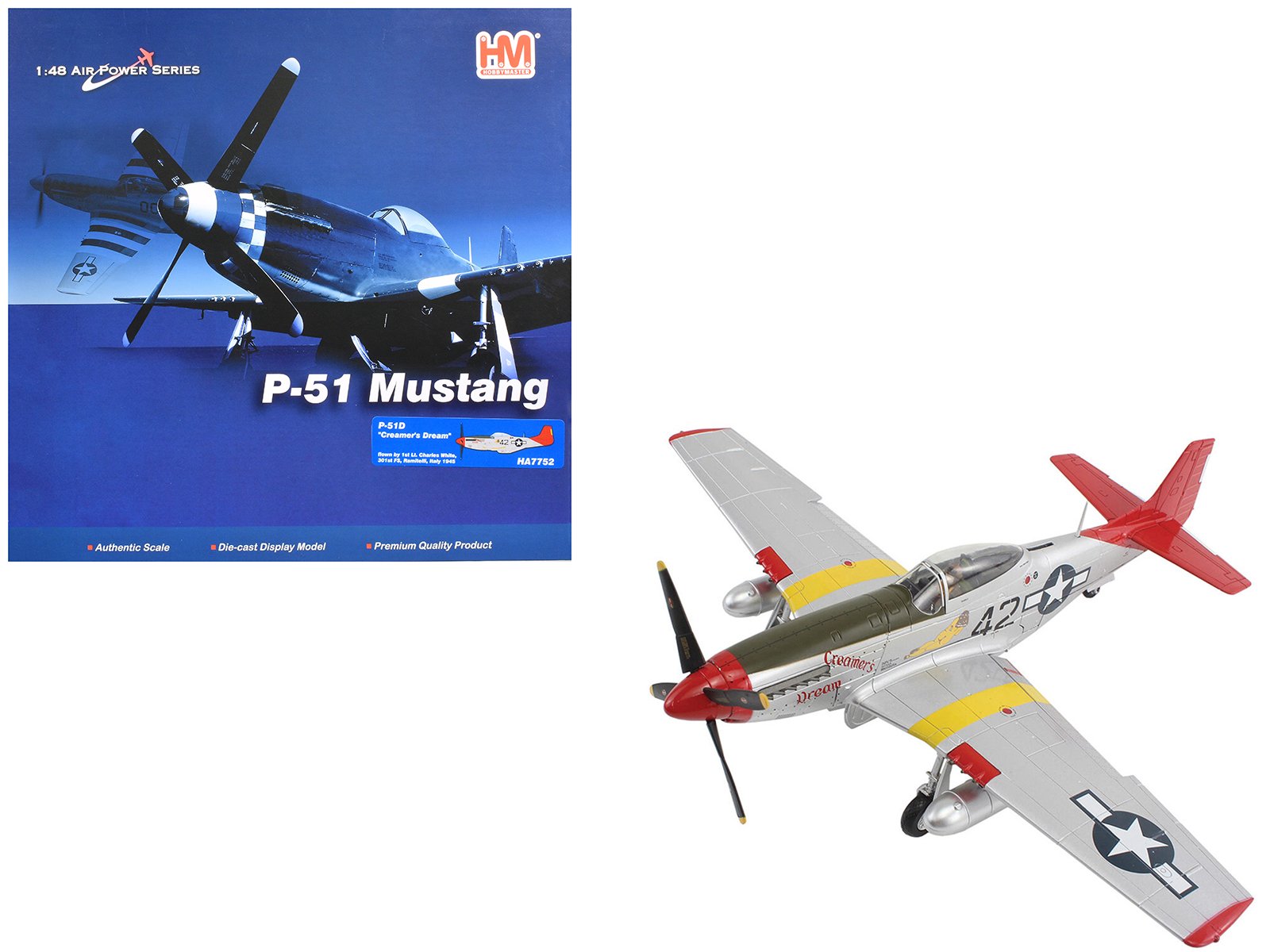 north american p 51d mustang fighter aircraft "creamer's dream 1st lt. charles white 301st fs italy" (1945) united states army air force "air power series" 1/48 diecast model by hobby master north american p 51d mustang fighter aircraft "creamer's dream 1st lt. charles white 301st fs italy" (1945) united states army air force "air power series" 1/48 diecast model by hobby master