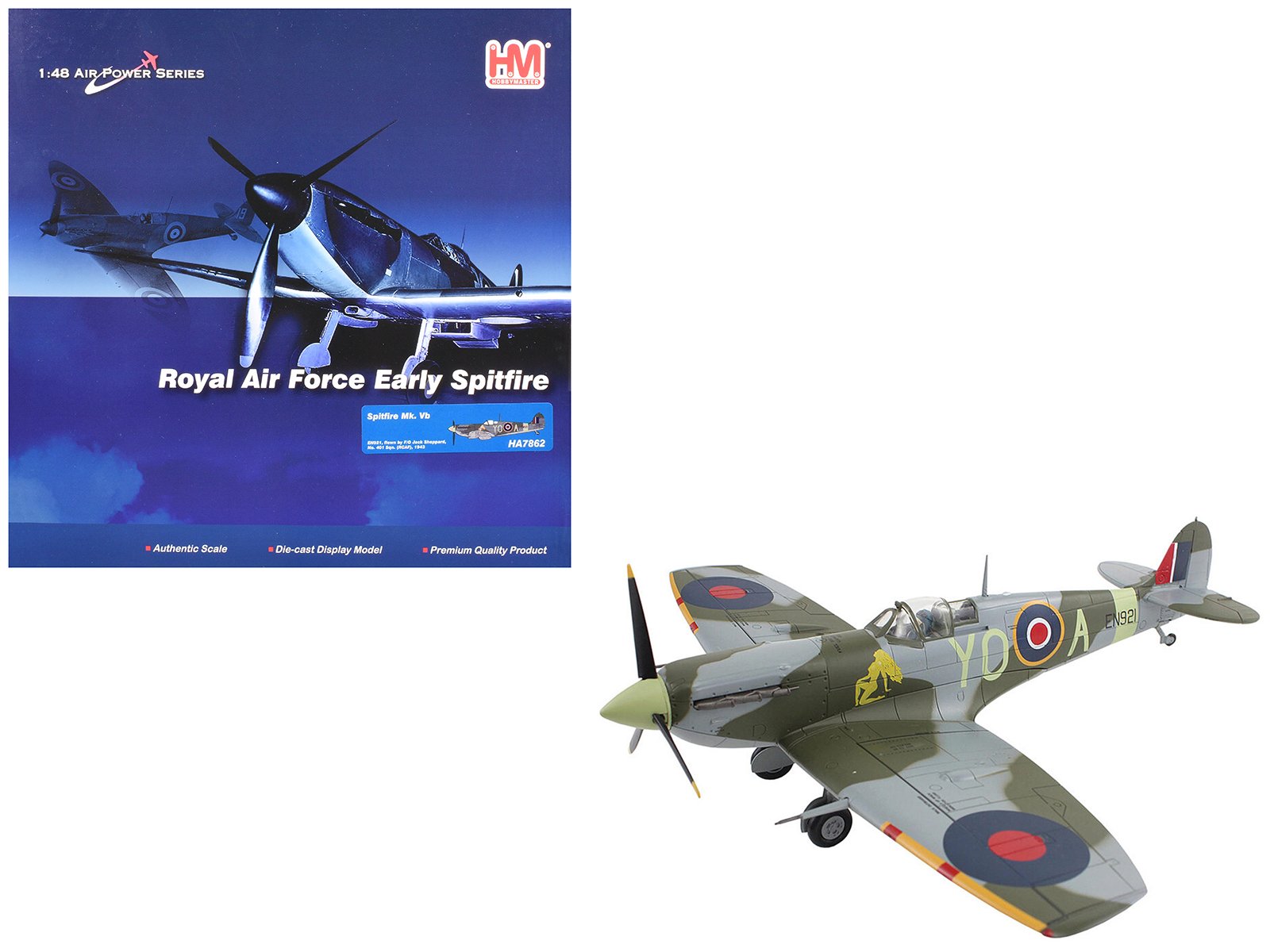 supermarine spitfire mk vb fighter aircraft "en921 flying officer jack sheppard no. 401 squadron" (1943) royal canadian air force "air power series" 1/48 diecast model by hobby master supermarine spitfire mk vb fighter aircraft "en921 flying officer jack sheppard no. 401 squadron" (1943) royal canadian air force "air power series" 1/48 diecast model by hobby master