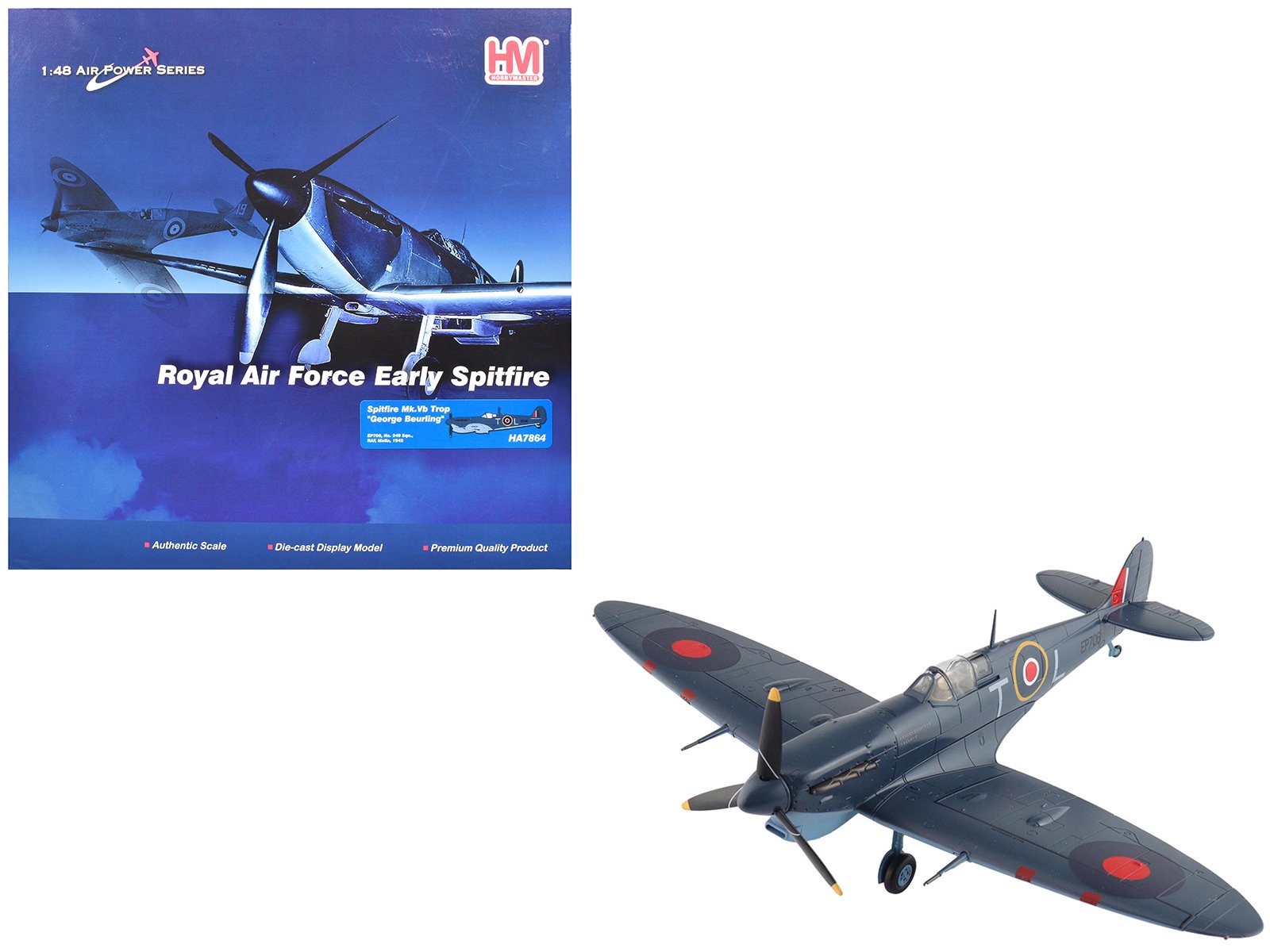 supermarine spitfire mk.vb trop fighter aircraft "ep706 george beurling no. 249 squadron malta" (1942) british royal air force "air power series" 1/48 diecast model by hobby master supermarine spitfire mk.vb trop fighter aircraft "ep706 george beurling no. 249 squadron malta" (1942) british royal air force "air power series" 1/48 diecast model by hobby master