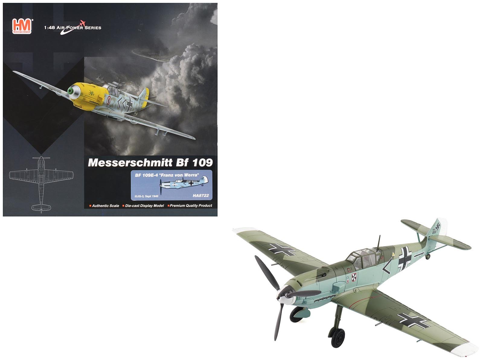 messerschmitt bf 109e 4 fighter aircraft "franz von werra ii/jg 3" (1940) german luftwaffe "air power series" 1/48 diecast model by hobby master messerschmitt bf 109e 4 fighter aircraft "franz von werra ii/jg 3" (1940) german luftwaffe "air power series" 1/48 diecast model by hobby master