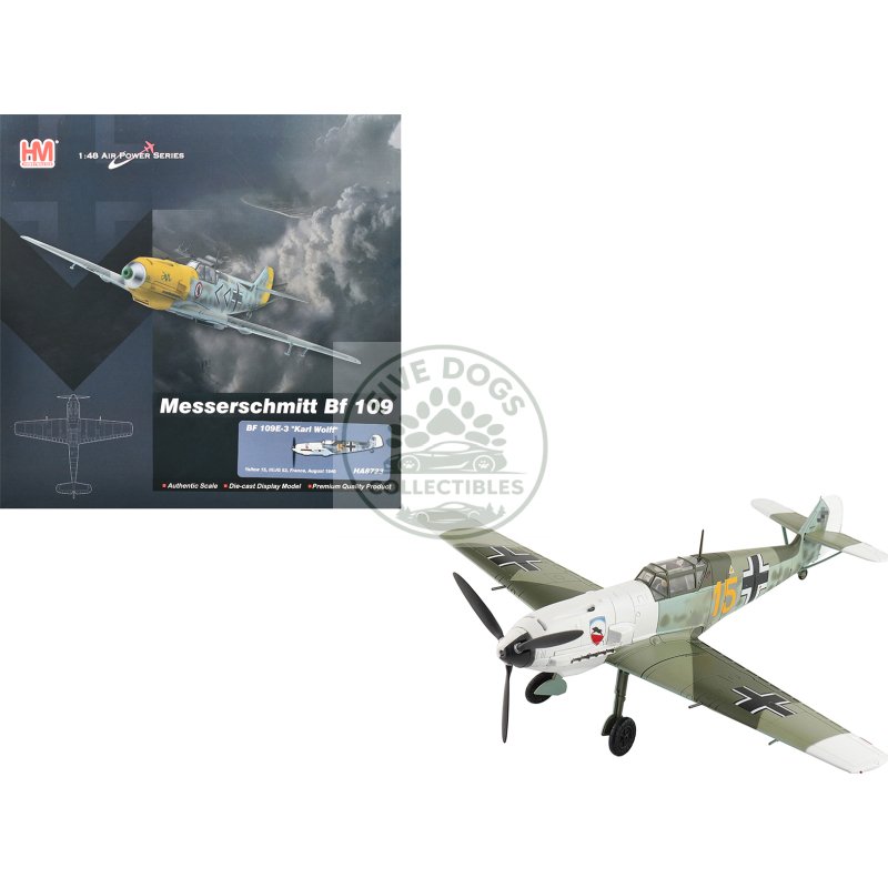 messerschmitt bf 109e 3 fighter aircraft "yellow 15 karl wolff iii/jg 52 france" (1940) german luftwaffe "air power series" 1/48 diecast model by hobby master