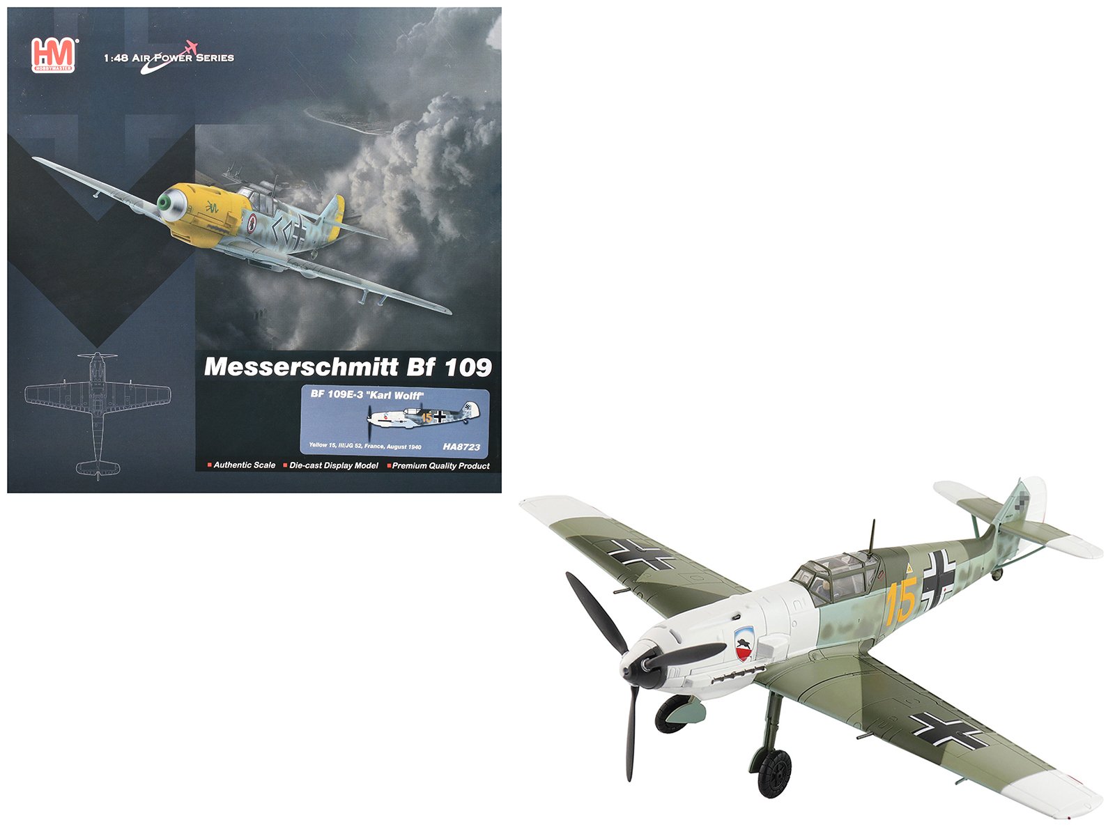 messerschmitt bf 109e 3 fighter aircraft "yellow 15 karl wolff iii/jg 52 france" (1940) german luftwaffe "air power series" 1/48 diecast model by hobby master messerschmitt bf 109e 3 fighter aircraft "yellow 15 karl wolff iii/jg 52 france" (1940) german luftwaffe "air power series" 1/48 diecast model by hobby master
