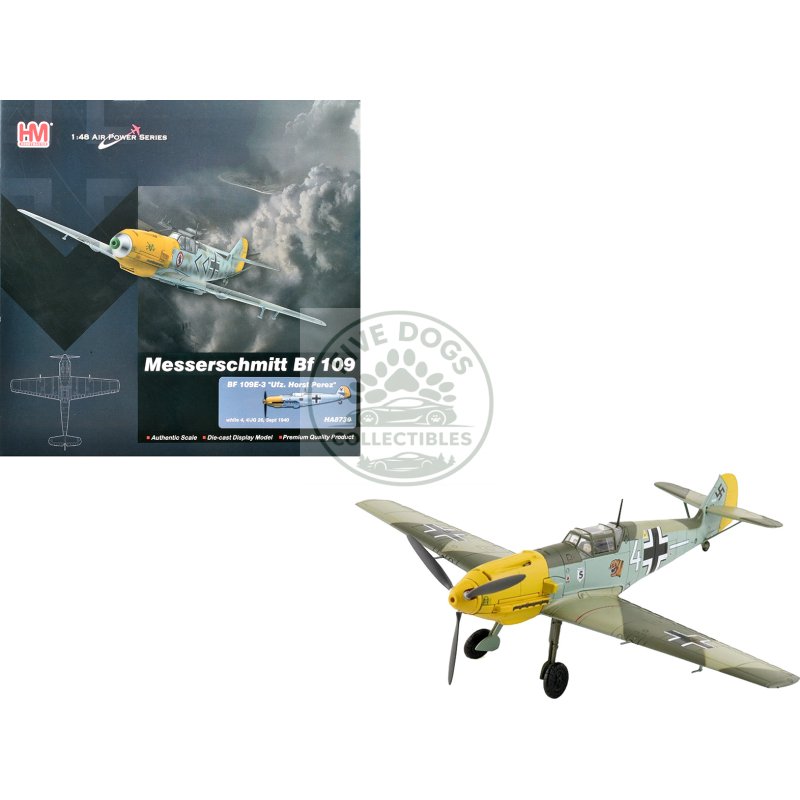 messerschmitt bf 109e 3 fighter aircraft "white 4 unteroffizier horst perez 4/jg 26" (1940) german luftwaffe "air power series" 1/48 diecast model by hobby master