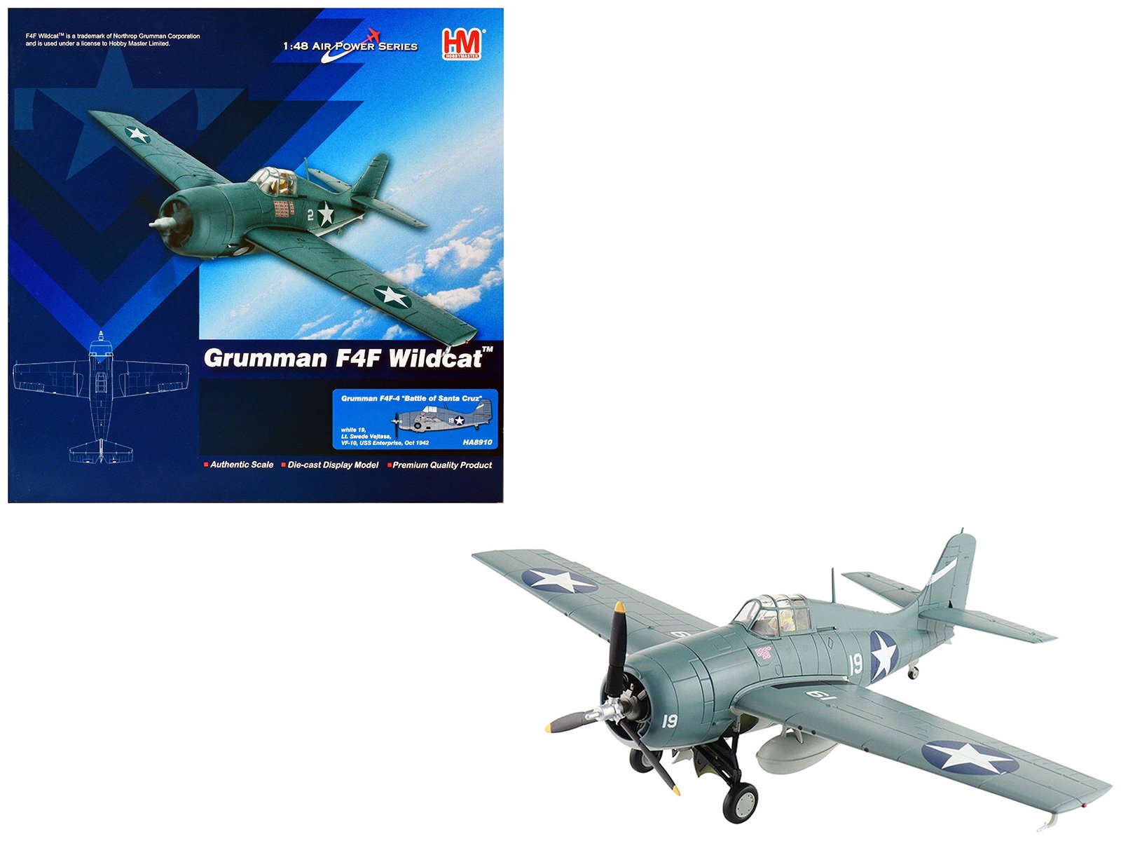 grumman f4f 4 wildcat fighter aircraft "battle of santa cruz lt. swede vejtasa vf 10 uss enterprise" (1942) united states navy "air power series" 1/48 diecast model by hobby master grumman f4f 4 wildcat fighter aircraft "battle of santa cruz lt. swede vejtasa vf 10 uss enterprise" (1942) united states navy "air power series" 1/48 diecast model by hobby master