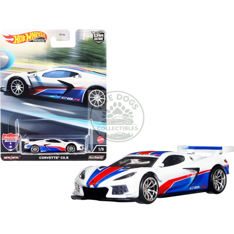 chevrolet corvette c8.r pearl white with red and blue stripes "american scene" "car culture" series diecast model car by hot wheels