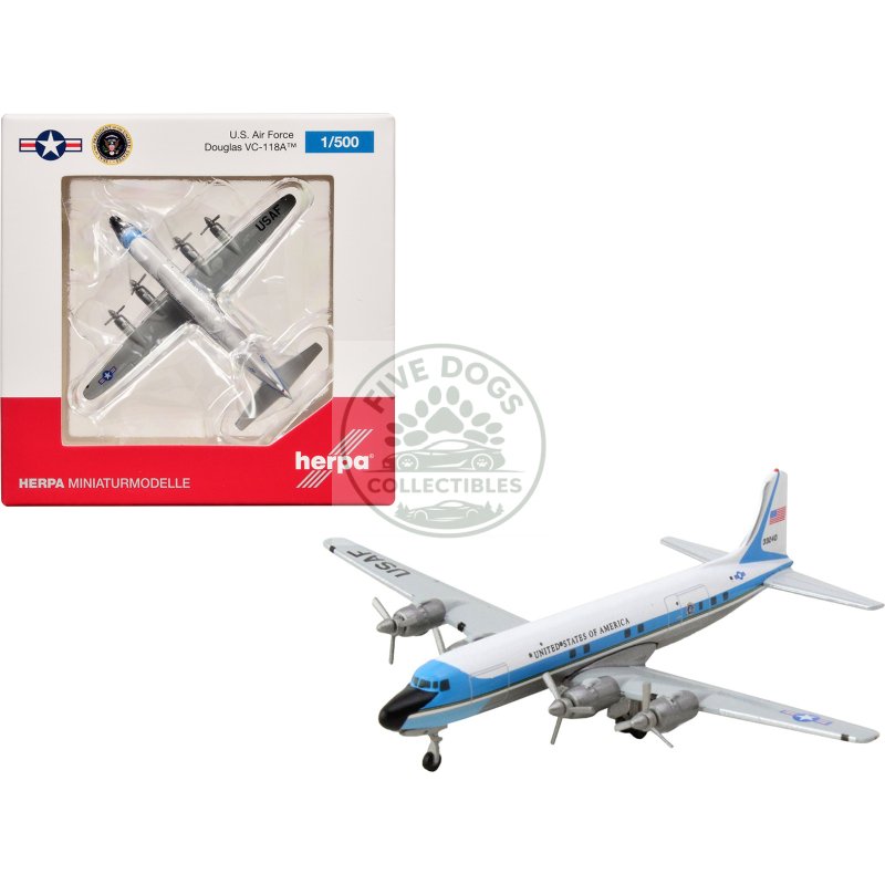douglas vc 118a transport aircraft "united states air force one 1254th air transport wing andrews air base" (53 3240) white with blue stripes 1/500 diecast model airplane by herpa