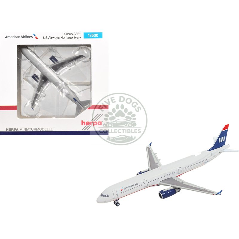 airbus a321 commercial aircraft "american airlines" (n578uw) gray with blue tail 1/500 diecast model by herpa