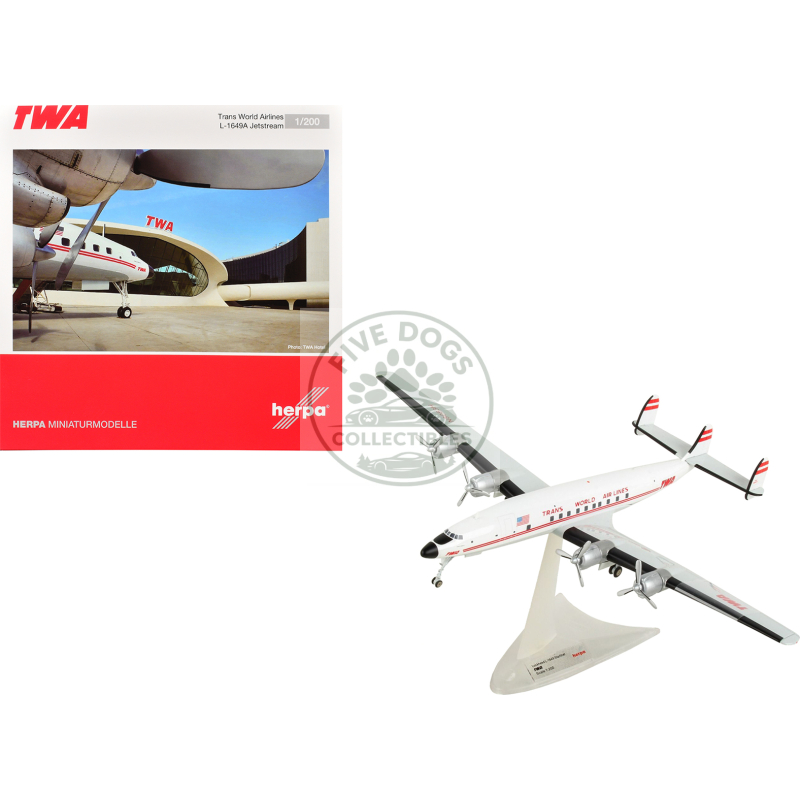 lockheed l 1649a jetstream commercial aircraft "twa (trans world airlines)" (n8083h) white with red stripes 1/200 diecast model airplane by herpa