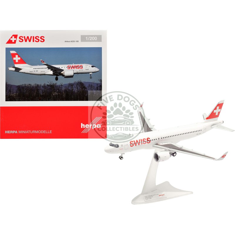 airbus a220 100 commercial aircraft "swiss international air lines" (hb jbh) white with red tail 1/200 diecast model airplane by herpa