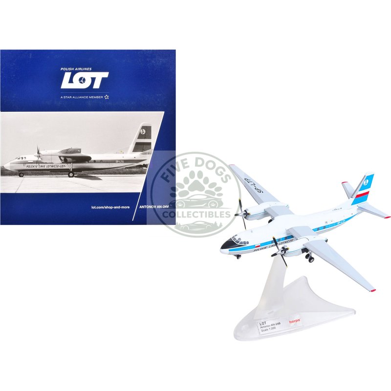 antonov an 24v commercial aircraft "lot polish airlines" (sp ltp) white with blue stripes and tail 1/200 diecast model by herpa
