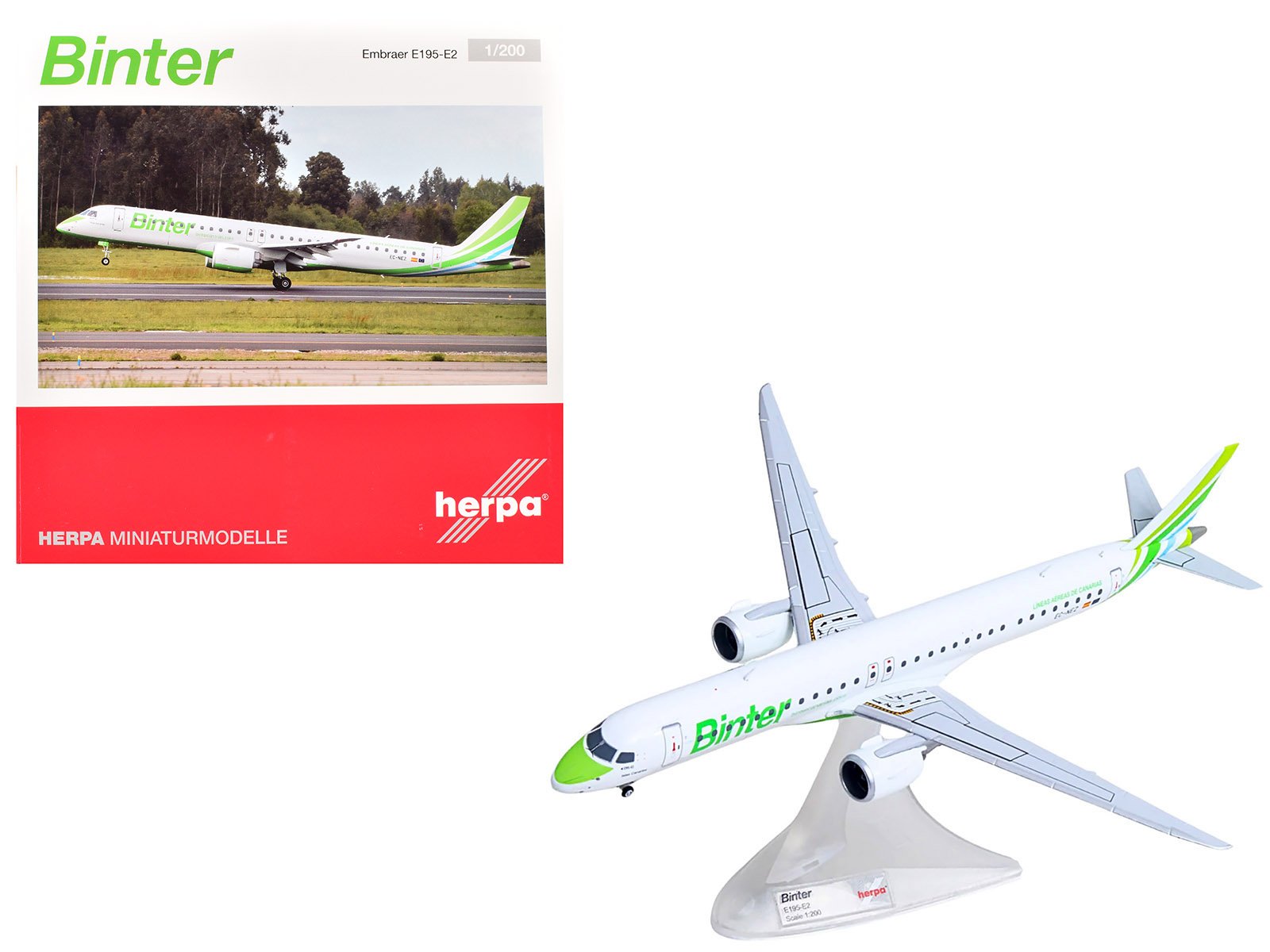 embraer e195 e2 commercial aircraft "binter canarias" (ec nez) white with green striped tail 1/200 diecast model by herpa embraer e195 e2 commercial aircraft "binter canarias" (ec nez) white with green striped tail 1/200 diecast model by herpa