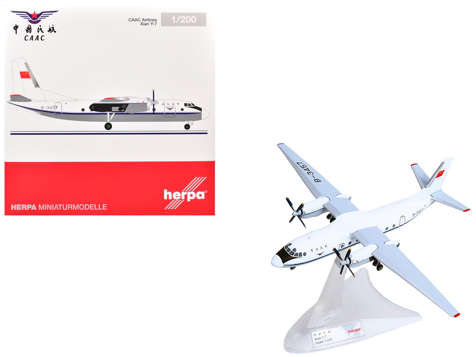 xian y 7 commercial aircraft "caac airlines" (b 3457) white with blue stripes 1/200 diecast model by herpa xian y 7 commercial aircraft "caac airlines" (b 3457) white with blue stripes 1/200 diecast model by herpa