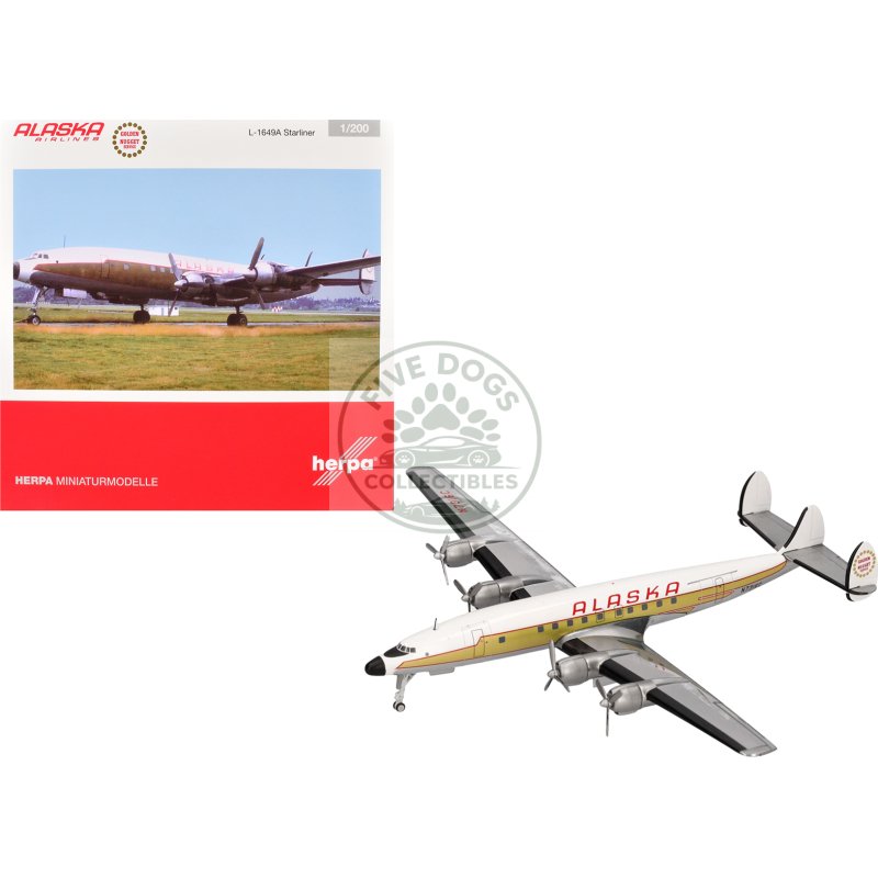 lockheed l 1649a starliner commercial aircraft "alaska airlines golden nugget service" (n7316c) white and gold with red stripes 1/200 diecast model airplane by herpa
