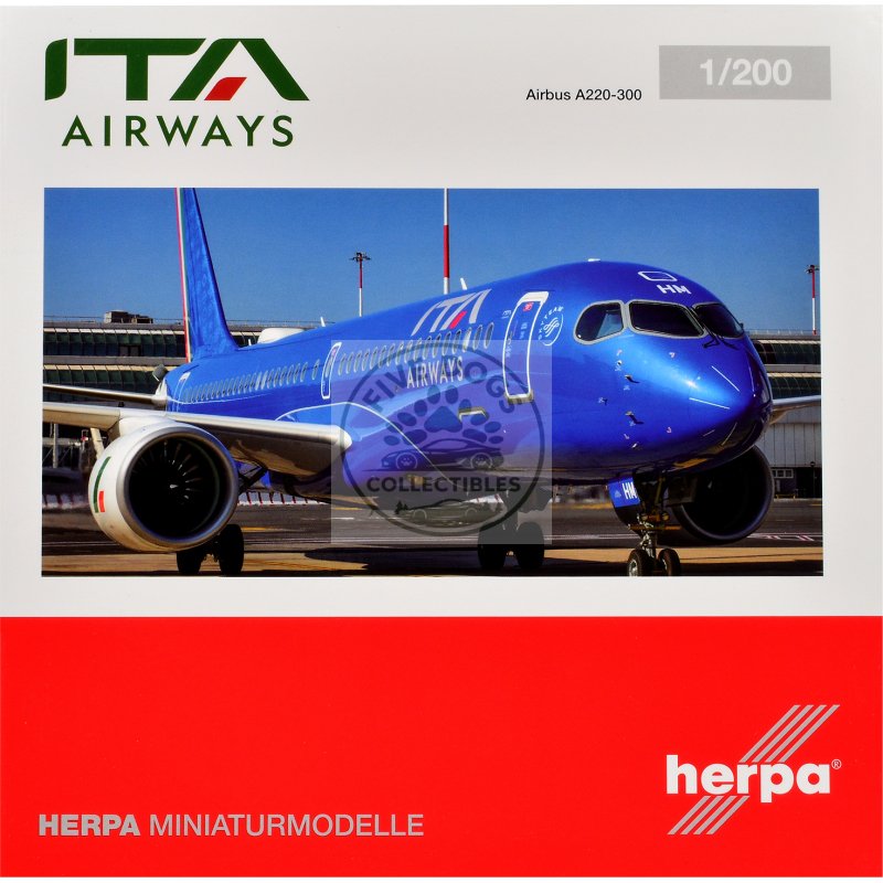 airbus a220 300 commercial aircraft "ita airways" (ei hhm) blue with tail stripes 1/200 diecast model airplane by herpa