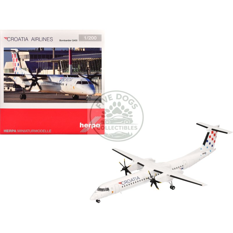 bombardier q400 commercial aircraft "croatia airlines" (9a cqe) white with tail graphics 1/200 diecast model airplane by herpa