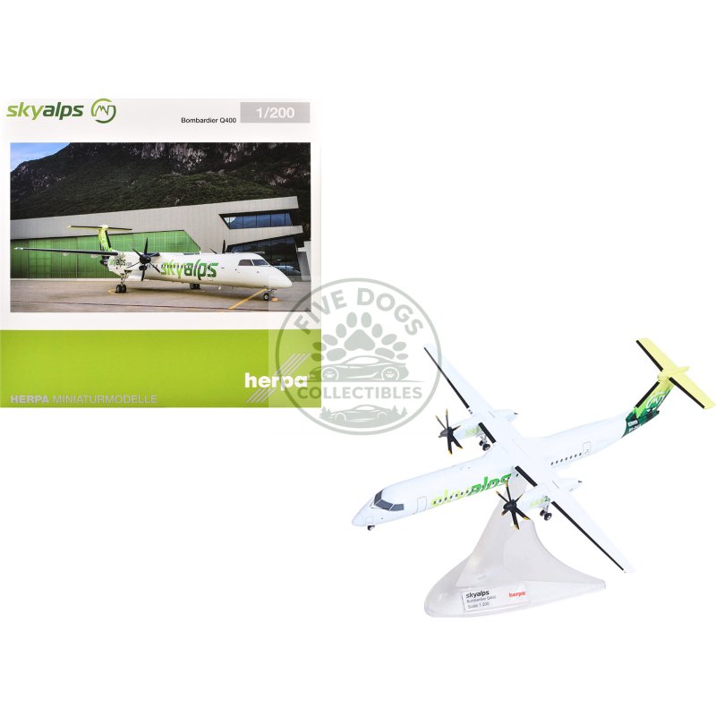 bombardier q400 commercial aircraft "sky alps" (9h paul) white with green tail graphics 1/200 diecast model by herpa