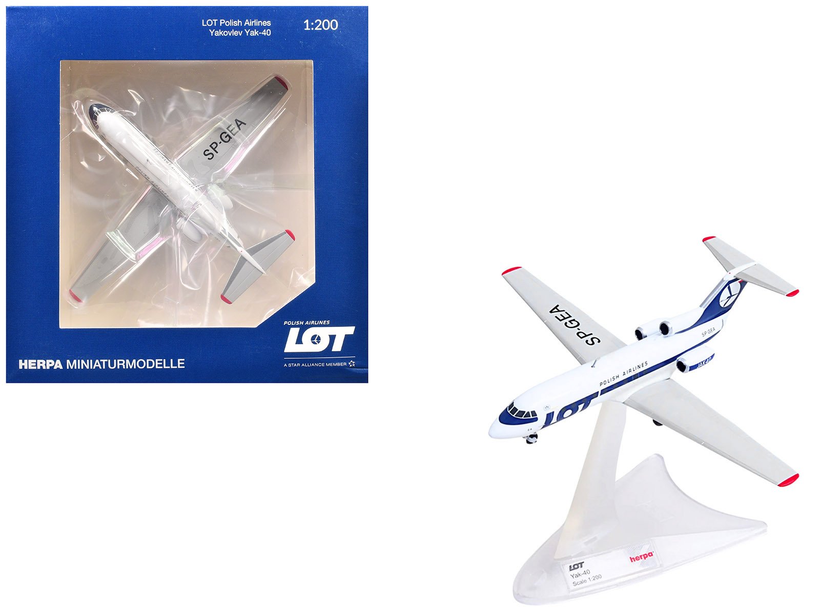 yakovlev yak 40 commercial aircraft "lot polish airlines" (sp gea) white with blue stripes and tail 1/200 diecast model by herpa yakovlev yak 40 commercial aircraft "lot polish airlines" (sp gea) white with blue stripes and tail 1/200 diecast model by herpa