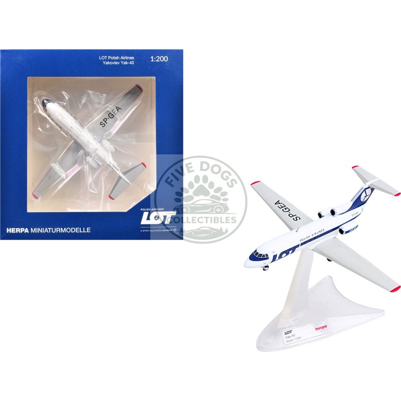 yakovlev yak 40 commercial aircraft "lot polish airlines" (sp gea) white with blue stripes and tail 1/200 diecast model by herpa