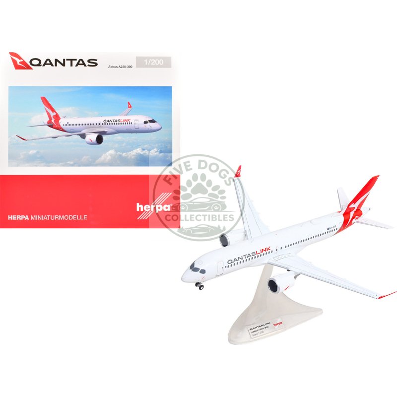 airbus a220 300 commercial aircraft "qantaslink" (vh x4b) white with red tail 1/200 diecast model by herpa