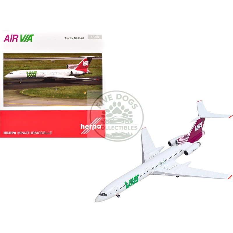 tupolev tu 154m commercial aircraft "air via" (lz mig) white with red tail 1/200 diecast model by herpa