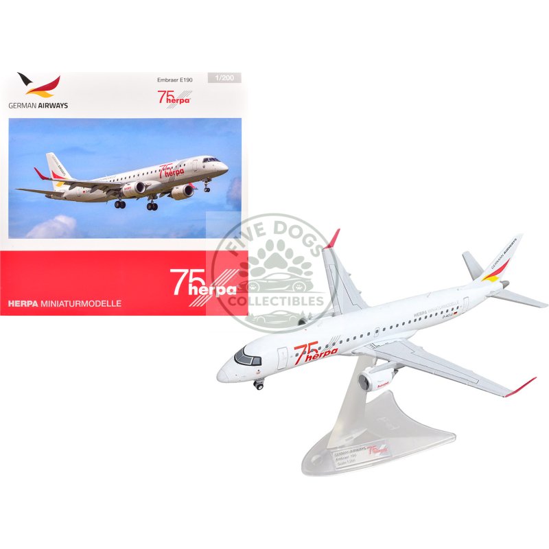 embraer e190 commercial aircraft "german airways herpa 75 years" (d acjj) white with graphics 1/200 diecast model by herpa