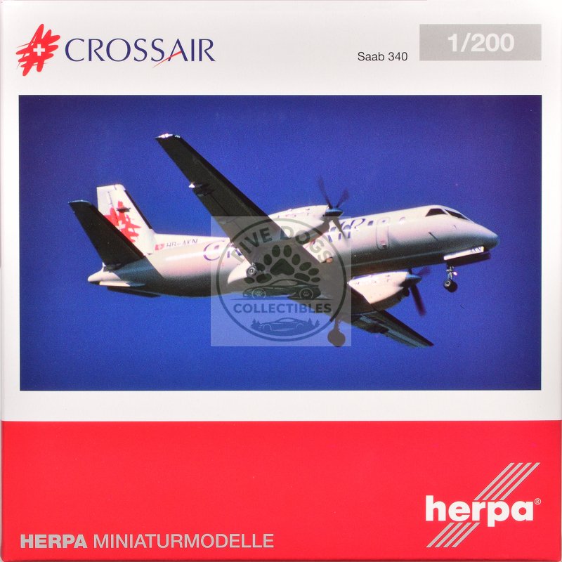 saab 340 commercial aircraft "crossair" (hb akn) white with tail graphics 1/200 diecast model airplane by herpa