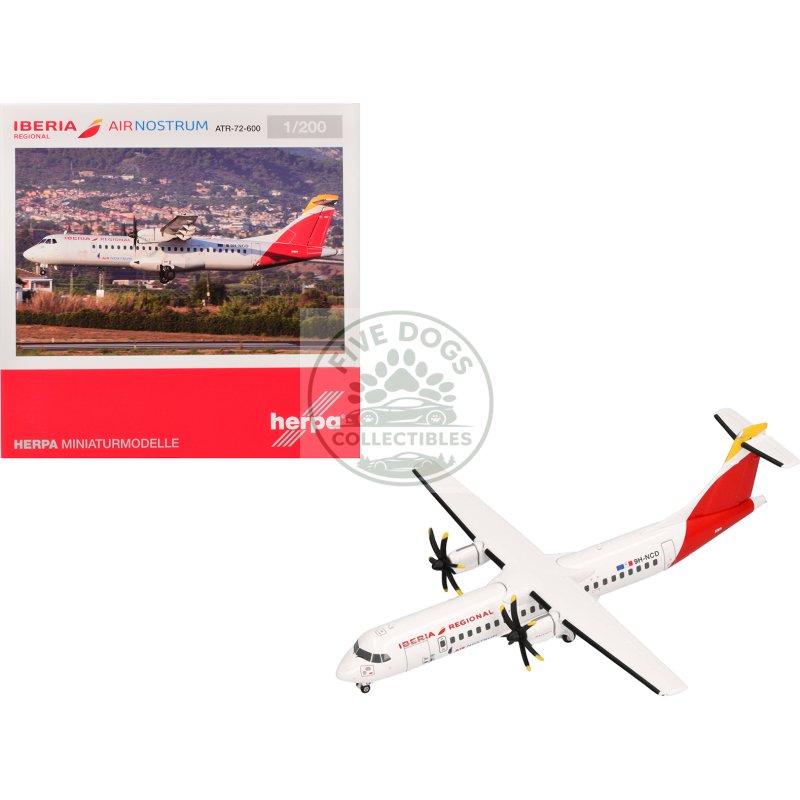 atr 72 600 commercial aircraft "iberia regional" (9h ncd) white with red tail 1/200 diecast model airplane by herpa